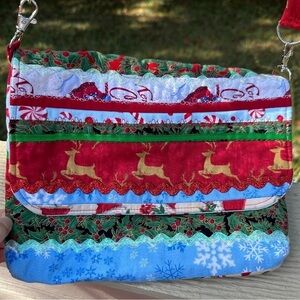 Handmade cloth Christmas Crossbody bag -Reindeer, candy canes, snowflake Holly